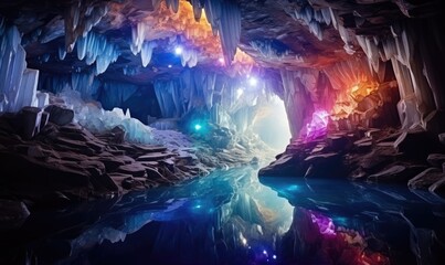 Journey into the depths of an intricate rainbow crystal cave.