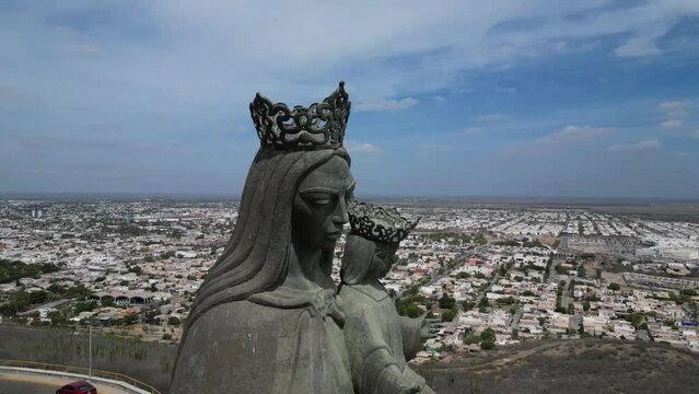 orbital view of the virgin of the carrizo valley in los mochis sinaloa in mexico, approach through a drone