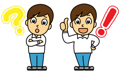 デフォルメされた男性の疑問を持つ姿と理解した姿のセット