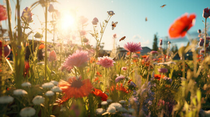 photorealistic detail closeup of garden fields bright