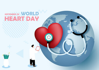 Doctor in cartoon character with giant illustration of check for heart disease with wording of heart day on blue background. World heart day's poster campaign in vector design.