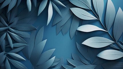 overlapping leaves of tropical plants, with a papercraft texture, using a monochromatic color scheme in a soft shade of blue. background image.