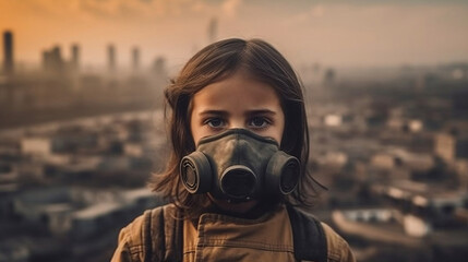Girl wearing gas mask protecting herself from air pollution in the city in future, blurred factory and city with smog on background.