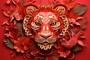 Zelfklevend Fotobehang Free Chinese new year of the tiger red and gold Generative AI © Graphic EngineerBD