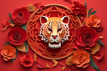 Free Chinese new year of the tiger red and gold Generative AI - obrazy, fototapety, plakaty