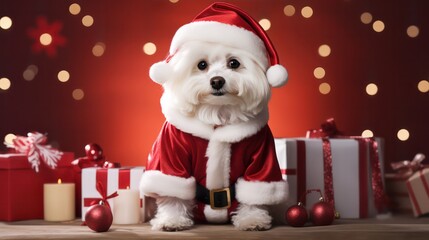 a photograph of cute Poodle dog wearing santa clause costume and hat in christmas celebration generative ai