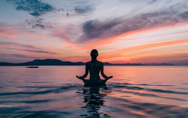 Fototapeta premium People meditating in the sea under a sunny and clear sky