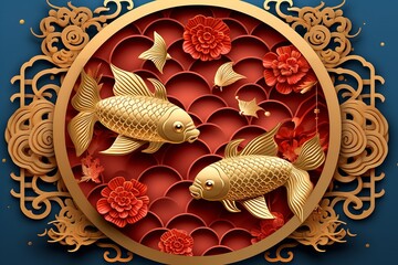Free Happy chinese new year gold relief fish cloud wave Generative AI - Powered by Adobe