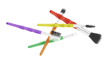 Various makeup brushes on white background