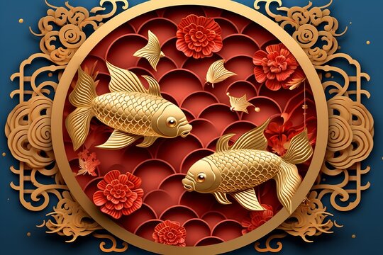 Free Happy chinese new year gold relief fish cloud wave Generative AI