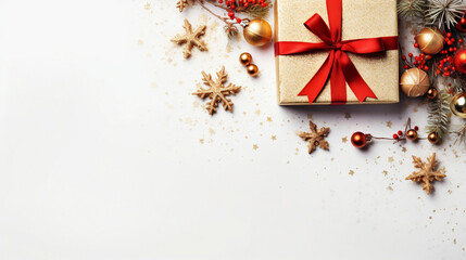Christmas gold gift box with red ribbon and ornaments on white backdrop, Merry Christmas background with copy space.