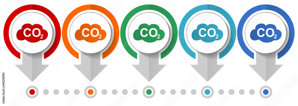 Poster Carbon dioxide, co2 vector icon set, flat design infographic template, set pointer concept icons in 5 color options for webdesign and mobile applications