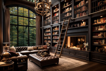 A home library with floor-to-ceiling bookshelves, a rolling ladder, and a cozy reading nook with plush seating. - obrazy, fototapety, plakaty