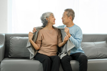 Affectionate senior Asian couple sharing warm embrace on the sofa, celebrating their enduring love and togetherness. Elderly husband and wife happy family