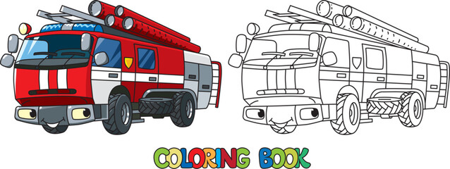 Fire truck or fire engine with eyes Coloring book