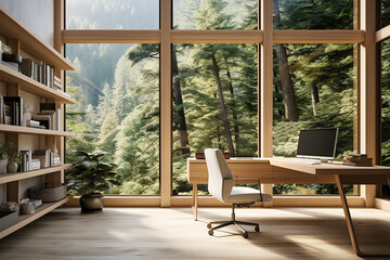A home office with a minimalist desk, ergonomic chair, and natural light streaming through large windows.
