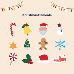 Christmas Elements Vector. Candy Cane, Bell, Santa Claus, Snowman, Star, Christmas Tree, Gingerbread, Snow, Lollipop, Holly Branch, Santa Hat, and House Covered in Snow.