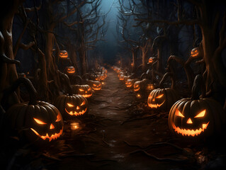 Scary Halloween Pumpkins in the dark forest