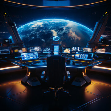 Control Room in Spacecraft, Interior of Spaceship or Space Station