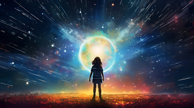 Silhouette young girl stares at a football world, cosmic stars