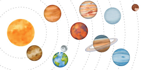 The solar system with planetary orbits: Mercury, Venus, Earth with its satellite, the Moon, Mars, Jupiter, Saturn, Uranus, Neptune, and the dwarf planet Pluto. For astronomy lessons. Watercolor © Mari Ka