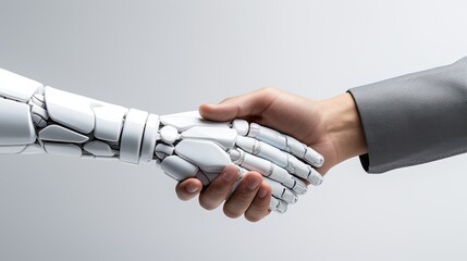 Business man in suit shaking hands with robotic arm, AI robot technology concept