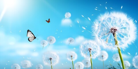 Obraz na płótnie Canvas Fluffy dandelion flower against the background of the summer landscape,