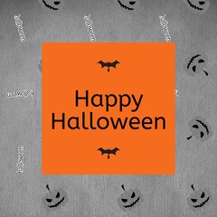 Composite of happy halloween text and halloween pumpkins and bats on grey background