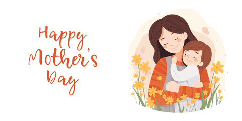 Adult woman holding her baby son with love to illustrate mother's day or motherhood minimalist vector illustration