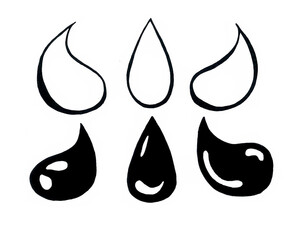 Set of different water drops. Black outline and black fill with white highlights. Isolated on white background. Different shape. Symmetrical and with a curl to the side. Left and right side.