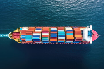 Aerial view of cargo ship that full load container for logistics import export in the ocean, shipping and transportation concept, container cargo maritime ship, Global express carrier.