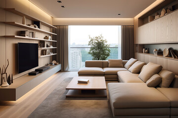 Fototapeta premium A modern entertainment room with a wall-mounted TV, a comfortable sectional sofa, and built-in storage. 
