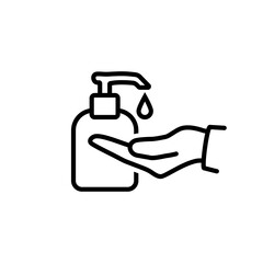 Liquid soap with pumping from bottle. Black line icon. Disinfection concept. Applying a moisturizing sanitizer. Human washing hands. Vector illustration flat design. Isolated on white background.