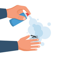 Mosquito spray in hand human. Man spraying insect repellents on skin outdoor. Spray bottle in arm. Pest control. Vector illustration flat design. Isolated on white background. Mosquito protection.