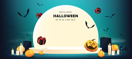 Happy Halloween sale banner moon night scene with product display and copy space
