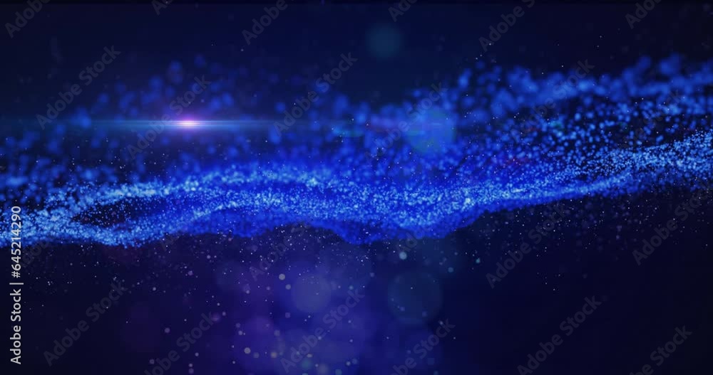 Poster animation of dots forming dynamic waves and lens flares over black background