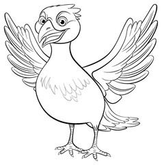 A cartoon illustration of a bird standing with its wings open