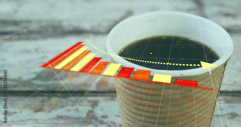 Poster animation of arrow on falling bar graph over overhead view of coffee cup on wooden table