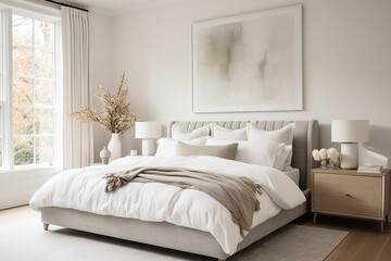 Fototapeta na wymiar A Scandinavian-inspired bedroom with a luxurious upholstered bed, crisp white linens, and soft neutral tones.