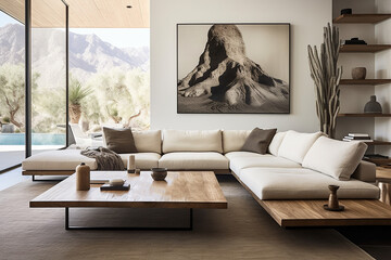 A spacious living room with a sleek sectional sofa, designer coffee table, and curated art on the walls.
