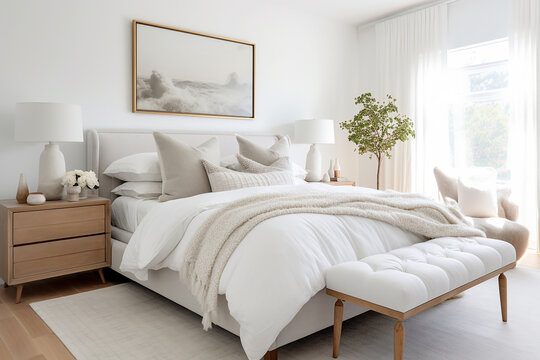 A Scandinavian-inspired bedroom with a luxurious upholstered bed, crisp white linens, and soft neutral tones.