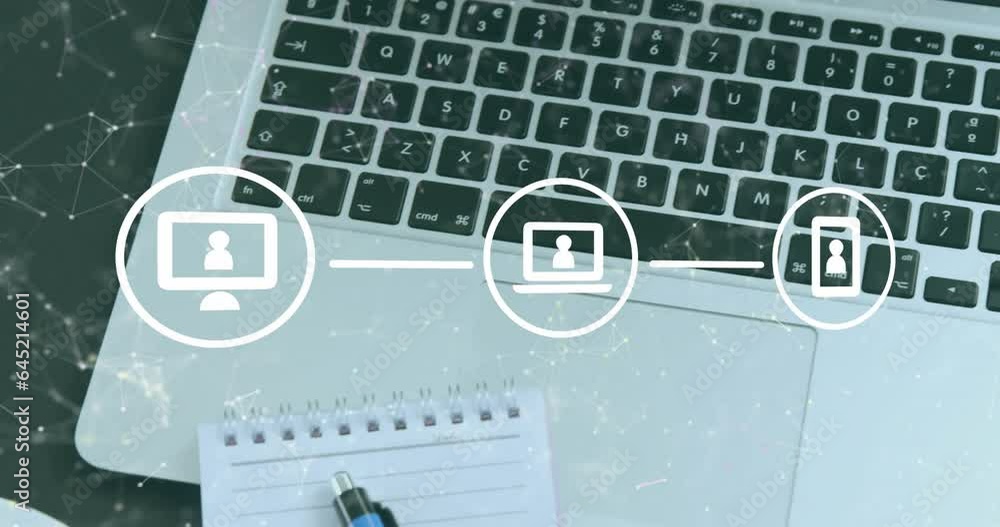 Poster animation of flow chart of icon and connected dots over laptop, notepad and coffee cup on table