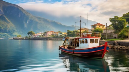 Fishing boat is moored at the waterfront, enhancing the village's charm with its nautical presence, oar, river, sea, fisherman, water, ship, fishing, boat, lake, motor, boat. Generated by AI.