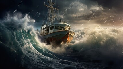 Naklejka premium A fishing boat bravely navigates a stormy sea, raft, ocean, anchor, barge, bottom, shore, keel, ship, transport, ship. Generated by AI.