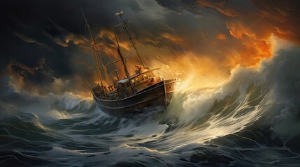 Fishing boat battles ferocious waves on a stormy sea, inflatable boat, fish, swimming, motorboat, canoe, sail, yacht, fishing rod. Generated by AI.