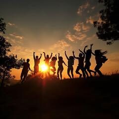 group of people jumping on sunset. 