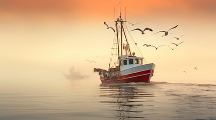 Fototapeta premium Fishing boat ventures into the mist-covered expanse of a lake at dawn, oar, river, sea, fisherman, water, ship, fishing, boat, lake, motor, boat. Generated by AI.