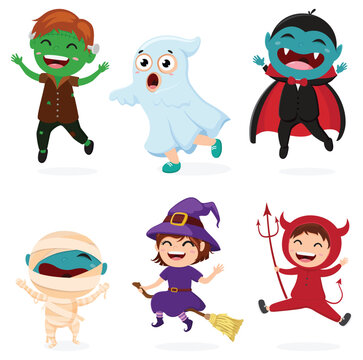 Set of Halloween Kids Costume cartoon, isolated on white background
