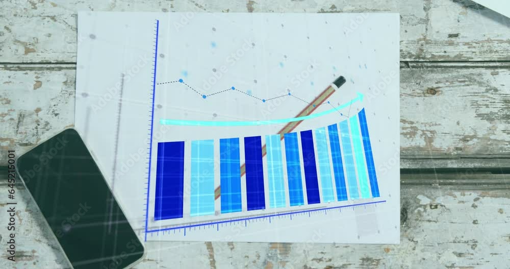 Poster animation of graphs over overhead view of coffee cup, pen and paper and cellphone on table