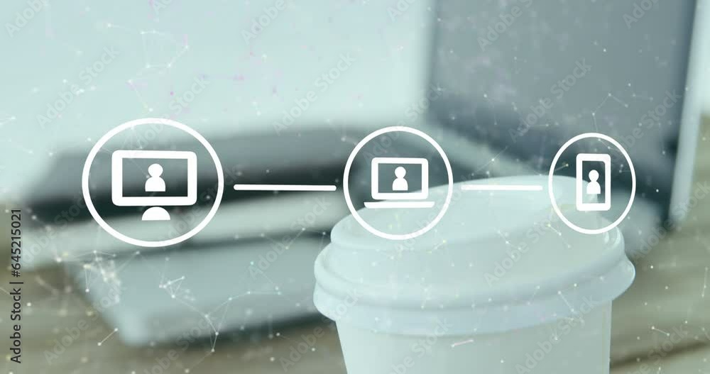 Poster animation of flowchart of icons and connected dots over coffee cup and laptop on table